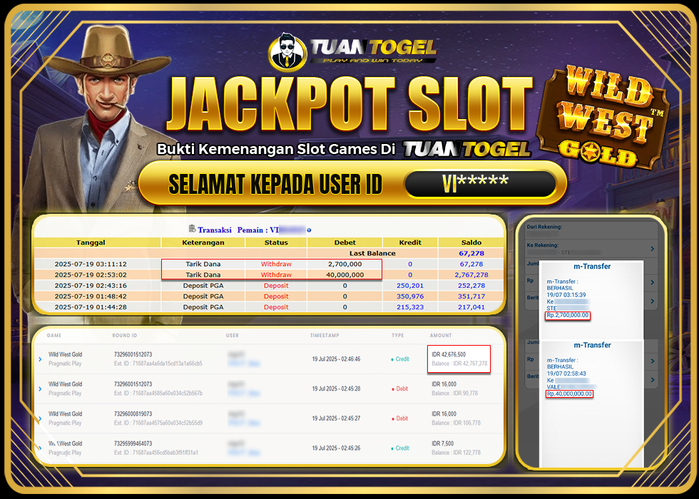TUANTOGEL JACKPOT SLOT WILS WEST GOLD Rp42.700.000,- LUNAS
